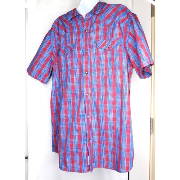 Men's Western Snap Shirt Sz. L Moon Shine Blue Red Short Sleeves - Picture 7 of 9